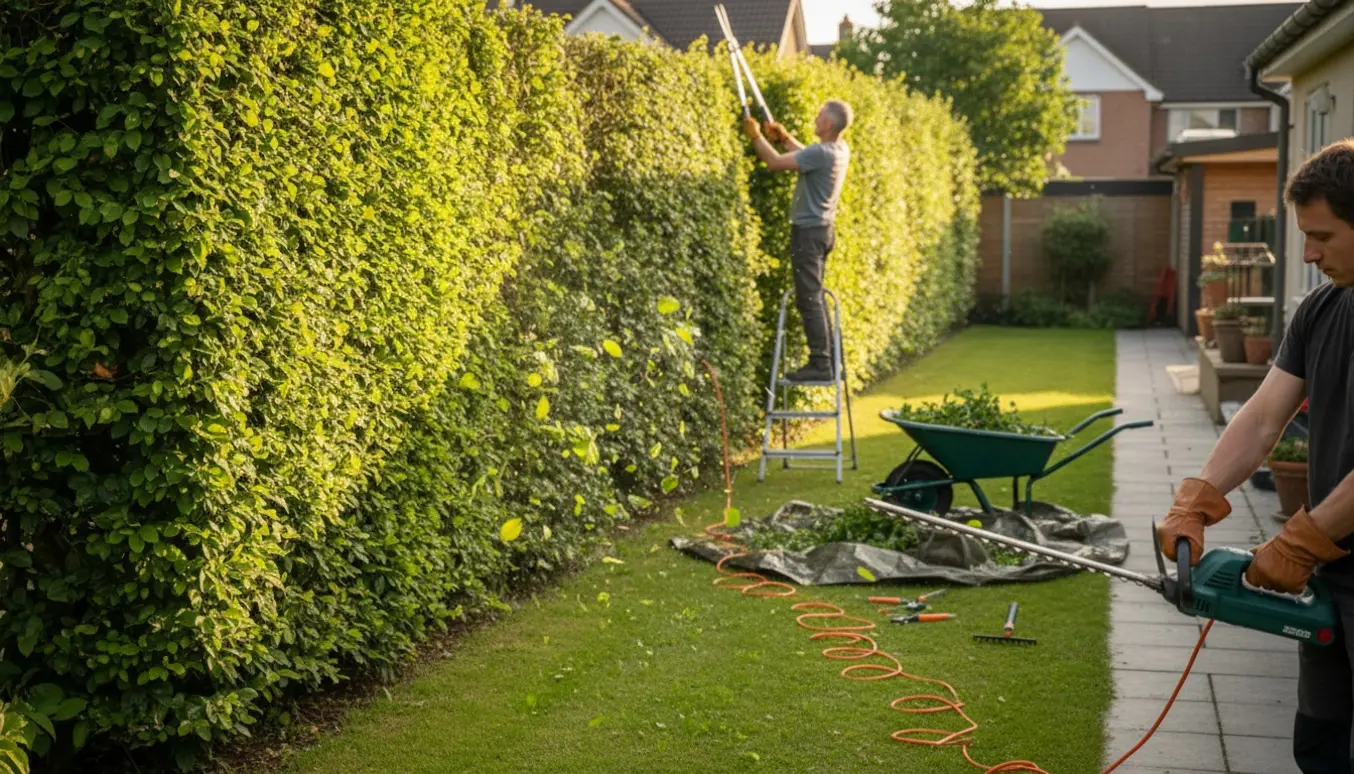 Gartner klipper en lang bøgehæk med hækkeklipper, og kviste samles i en trillebør.