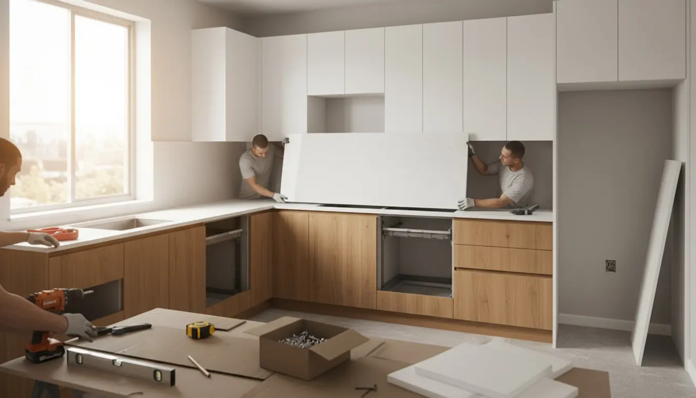 Installatører monterer et nyt U-formet køkken med skuffer, bordplade og værktøj i naturligt dagslys.