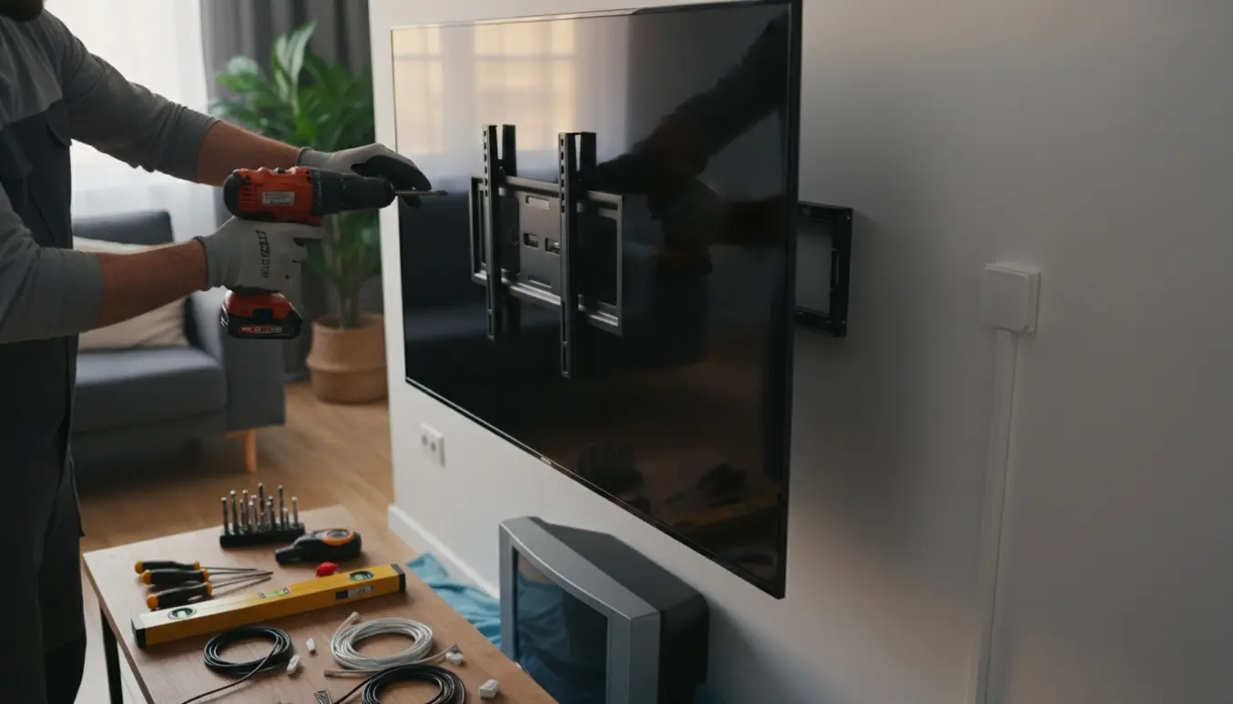 Hænder monterer et nyt flatskærms-tv på et vægbeslag i en stue med værktøj og kabler på et bord.