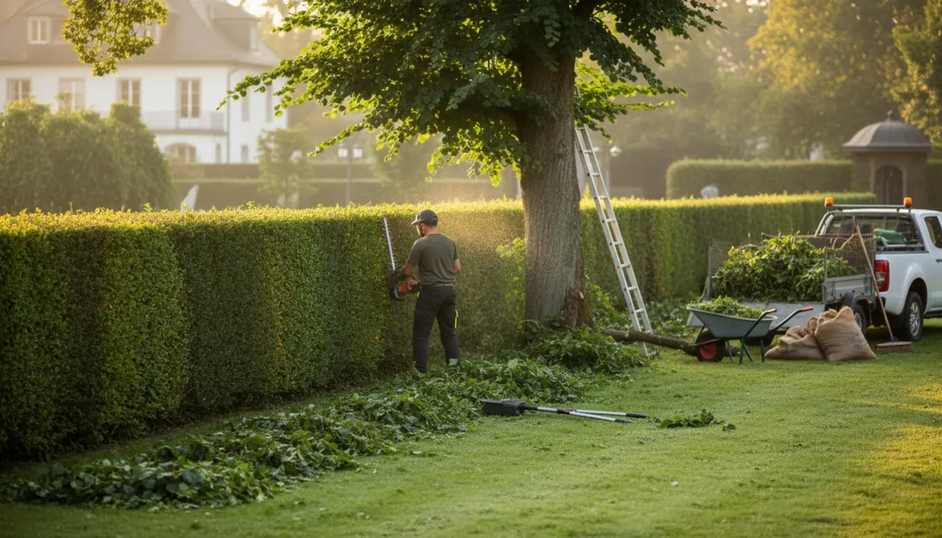 Hækkeklipper arbejder bagfra i en stor have med nyslåede hække, bunker af afklip og en trailer til haveaffald.
