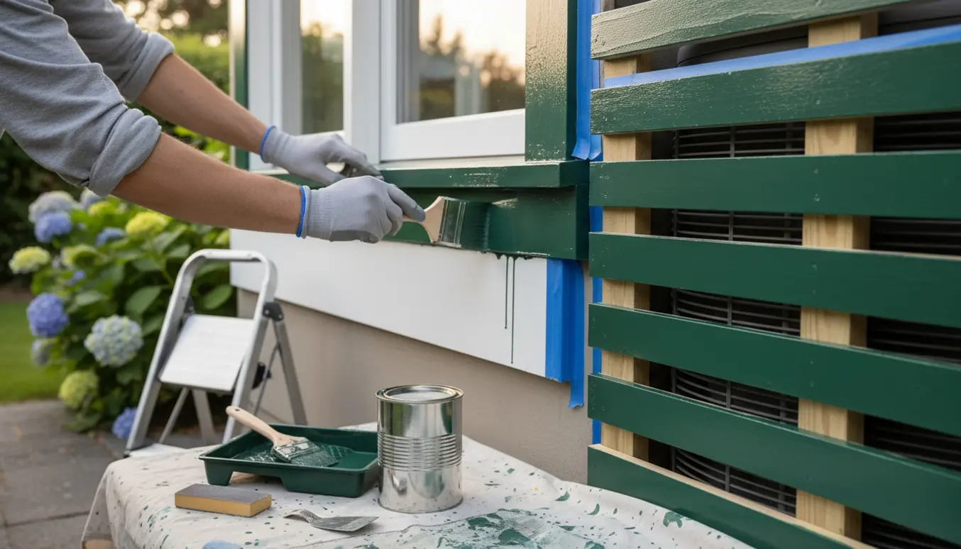 Hænder maler udvendige vinduesrammer og en trækasse til varmepumpen med frisk maling.