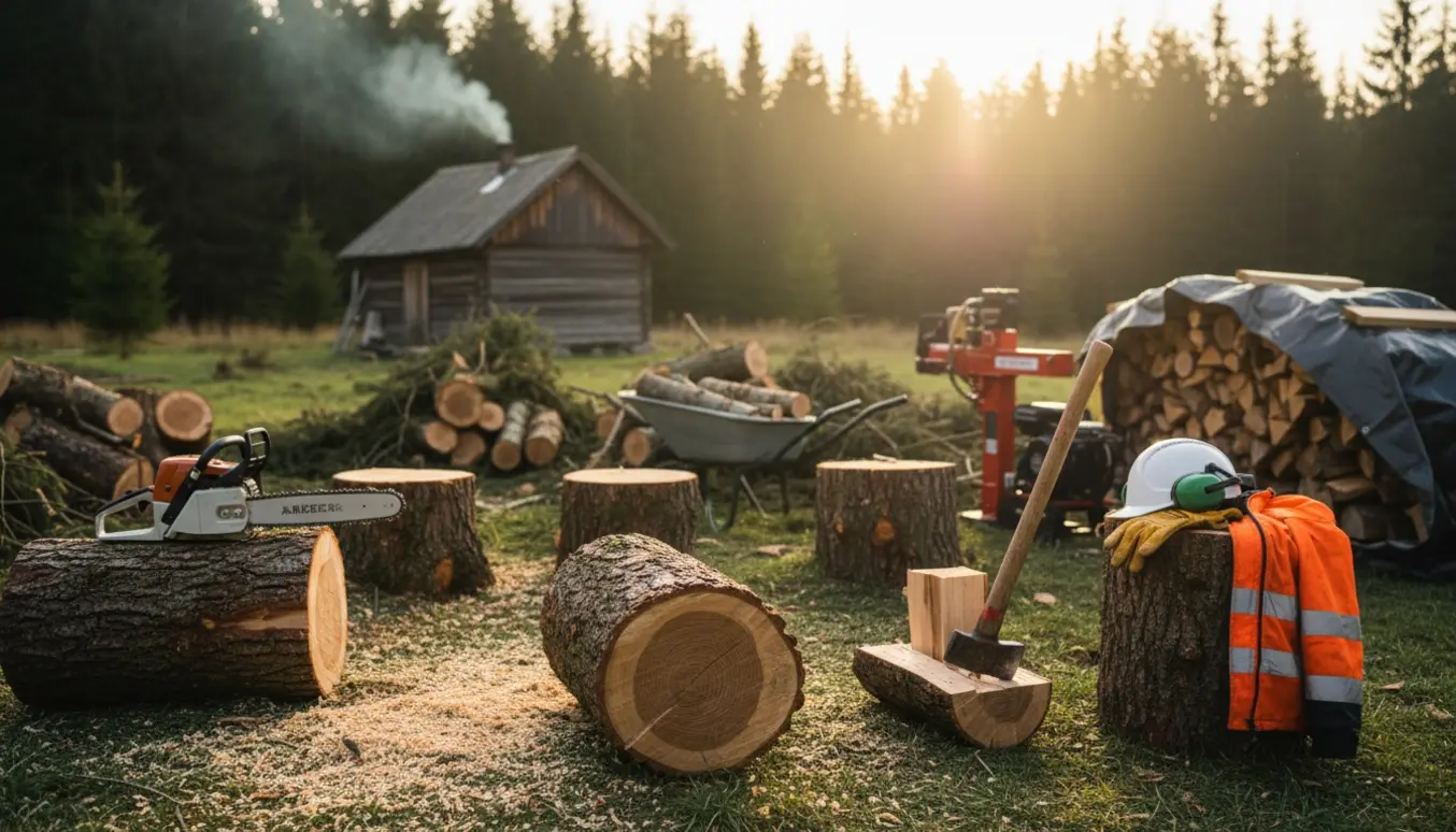 Fældede grantræer og stablet kløvet brænde ved en have med motorsav og kløveøkse i morgensol.
