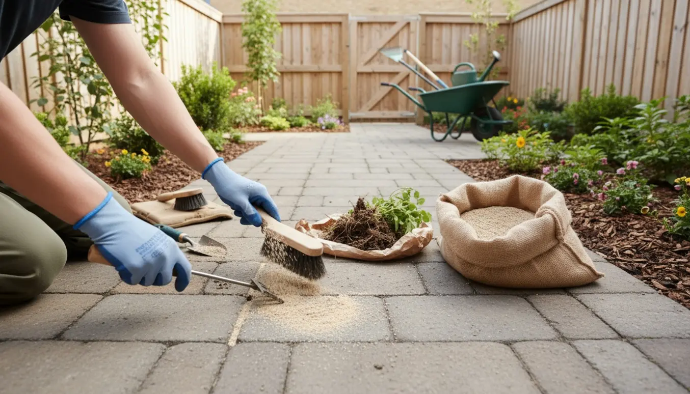Gloved hænder fjerner ukrudt mellem fliser og fejer fugesand i en lille have.