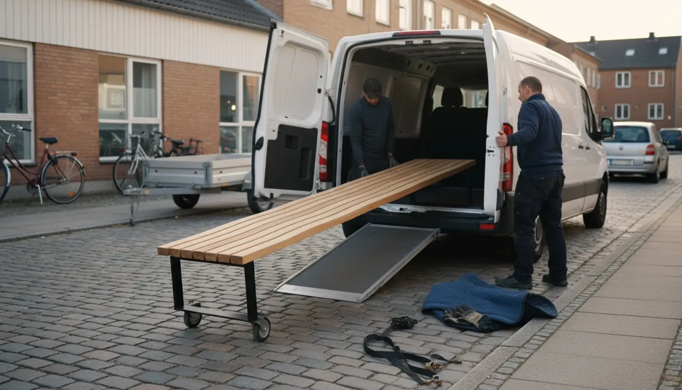 Lang træbænk på vej op i en hvid varevogn på en stille, træbevokset bygade.