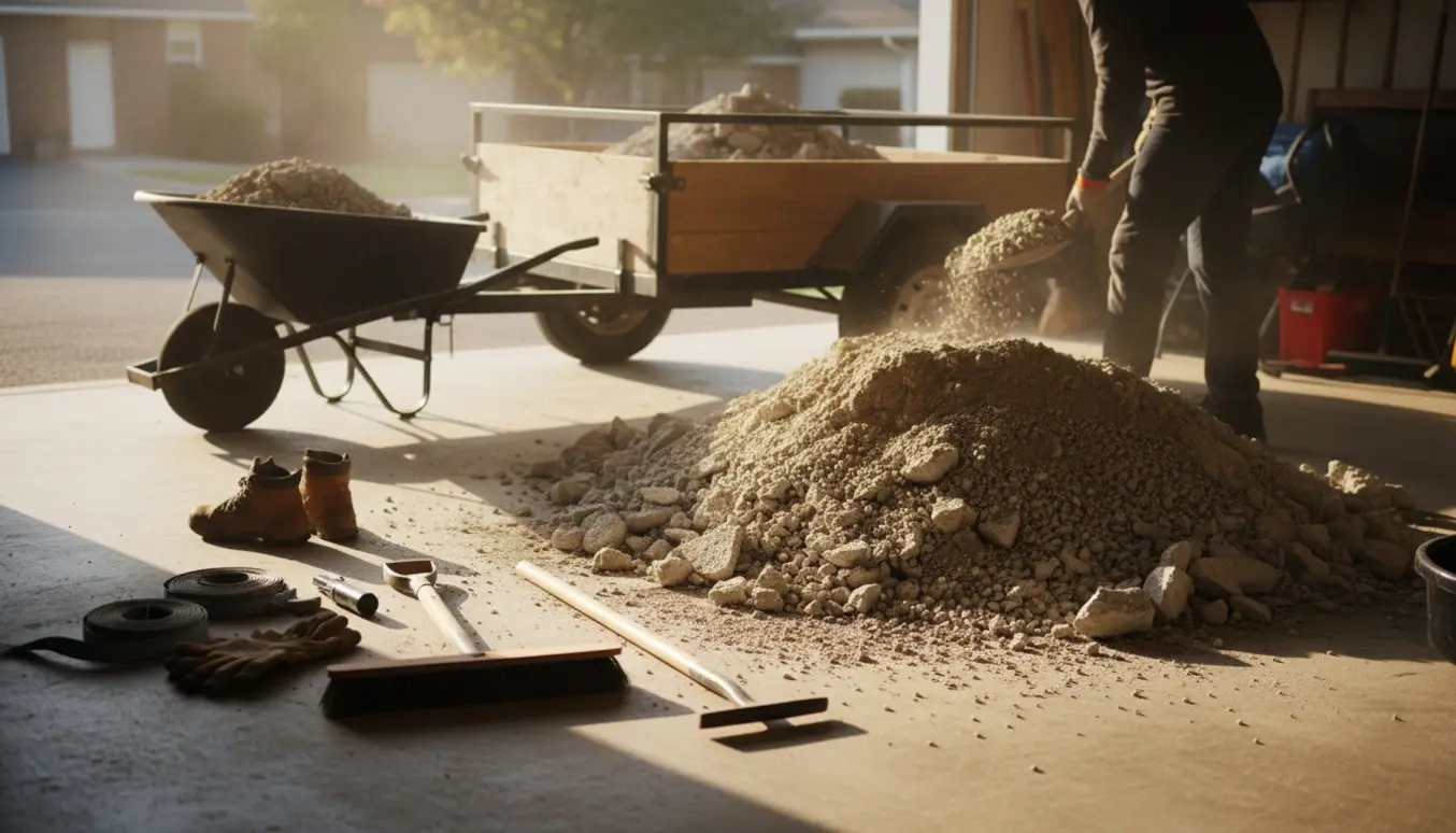 Trailer og værktøj klar til bortkørsel af beton og grus fra en garage.