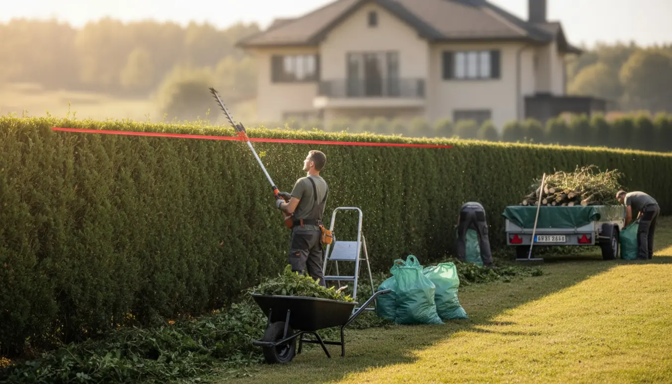 Havemand trimmer en 25 m lang hæk til 180 cm højde, mens afklip samles i trillebør og poser.