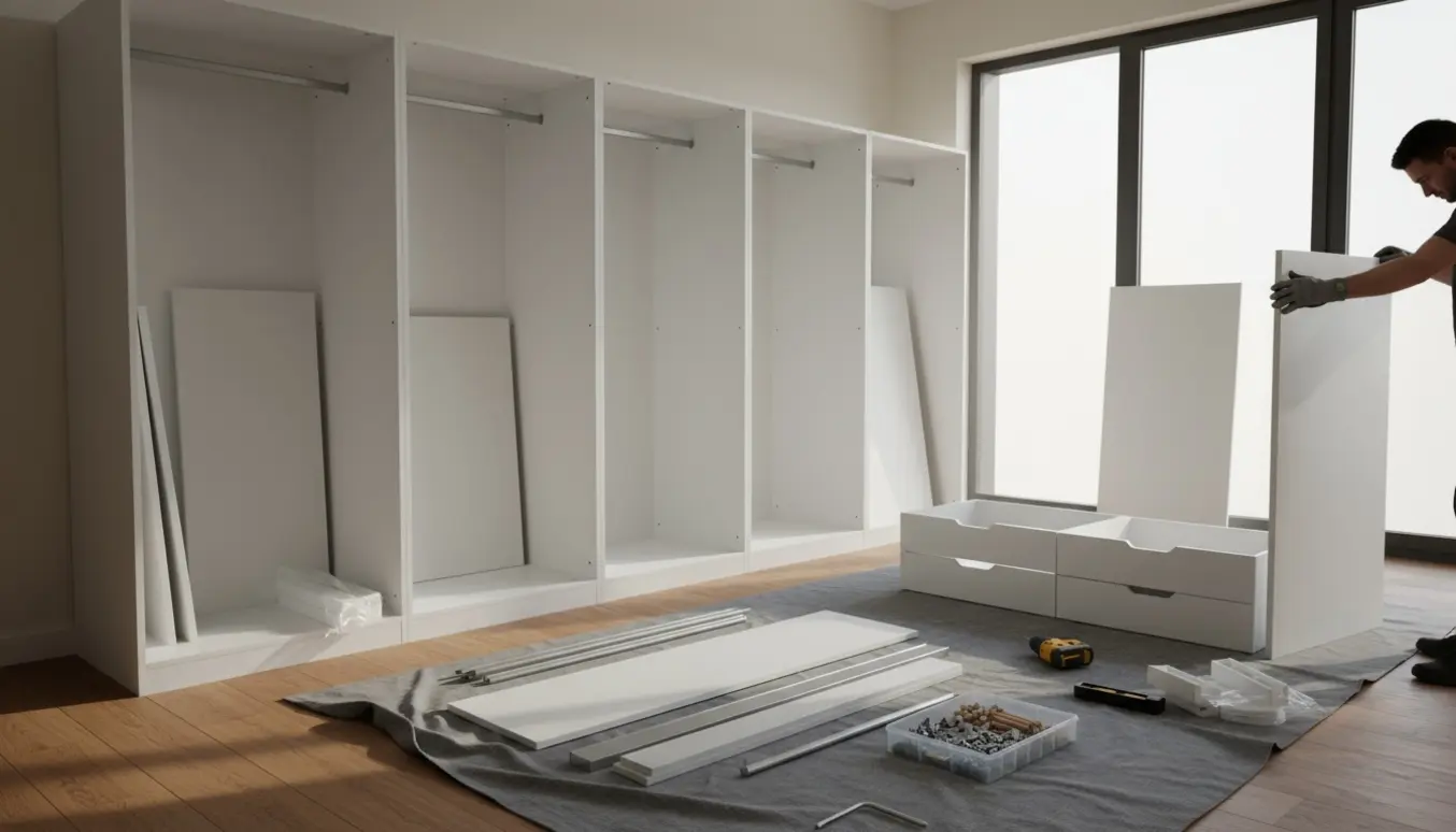 Fire smalle garderobemoduler samles i et lyst værelse med værktøj og døre klar på gulvet.