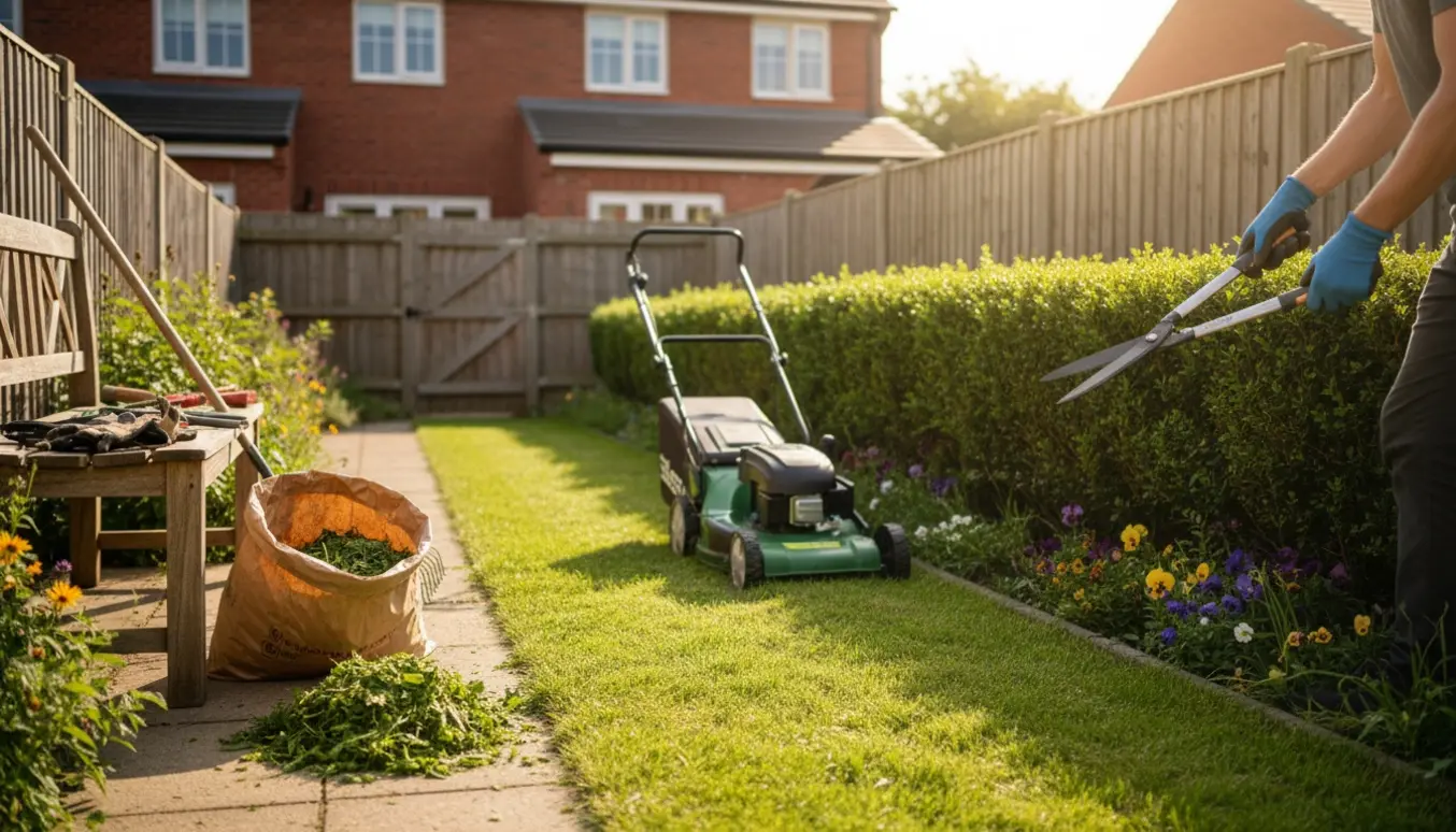 Lille rækkehushave under vedligeholdelse med plæneklipper, hæksaks og hænder der fjerner ukrudt.