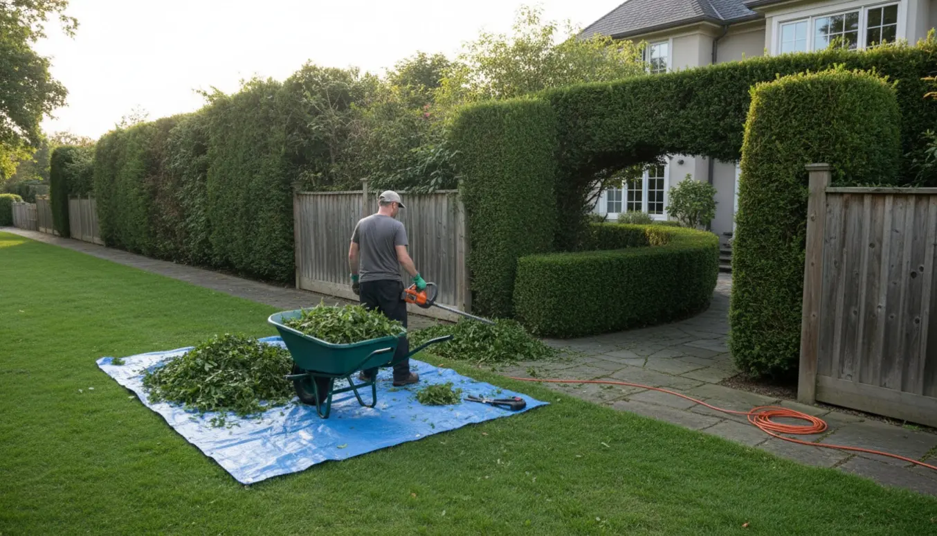 Professionel hækklipning set bagfra med nyklippede hækkanter og en trillebør fyldt med afklip.