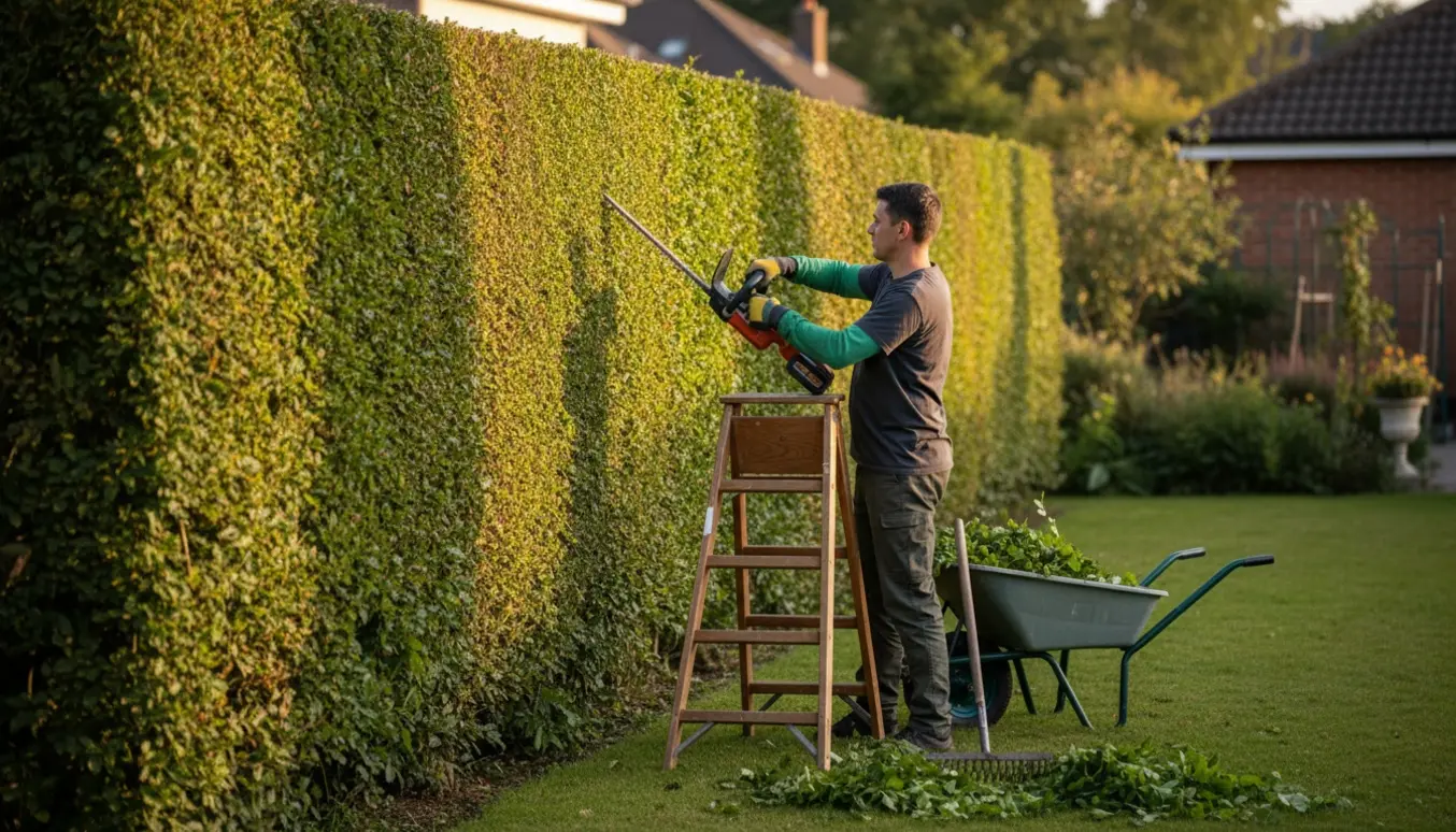 Topbeskæring og klipning af en lang bøgehæk med hækkeklipper og opsamlede grønne afklip.