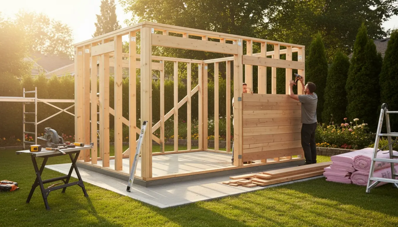 Delvist opført træredskabsskur på støbt fundament med håndværkere og værktøj i arbejde.