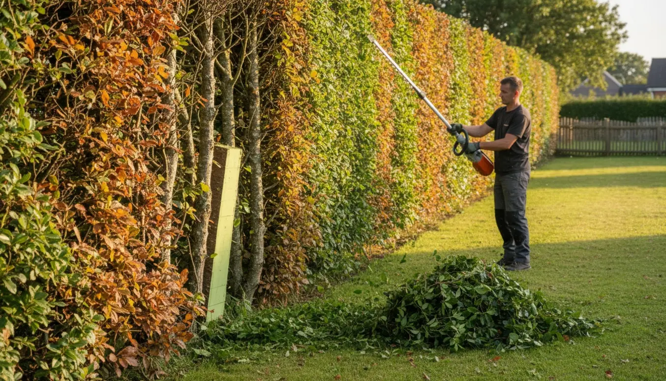 Høj bøgehæk og liguster klippes fra nabosiden med en langskaftet hækkeklipper, afklip ligger på græsset.