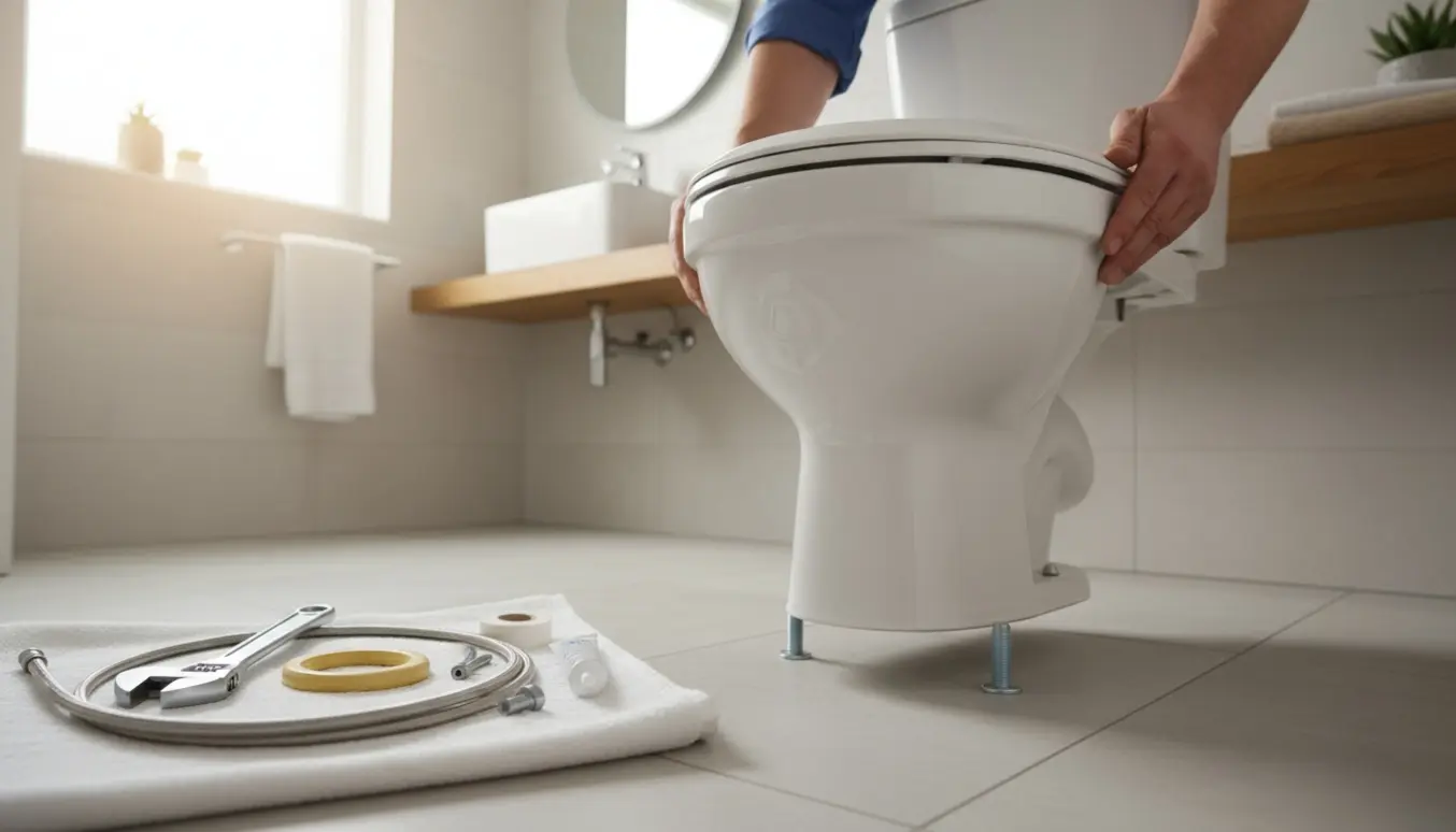 Hænder installerer et nyt hvidt toilet i et lille gæstetoilet med værktøj og materialer i forgrunden.