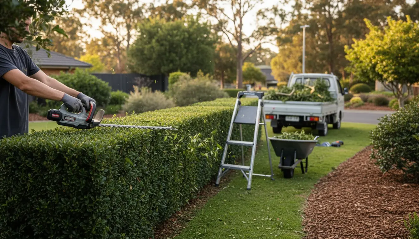 En veltrimmet havehæk med hækkeklipper, stige og trailer fyldt med grønt affald klar til bortkørsel.