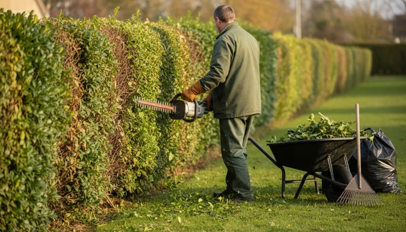 En gartner trimmer en lang hæk fra siden og toppen med en elektrisk hækkeklipper, mens afklip samles i en trillebør.