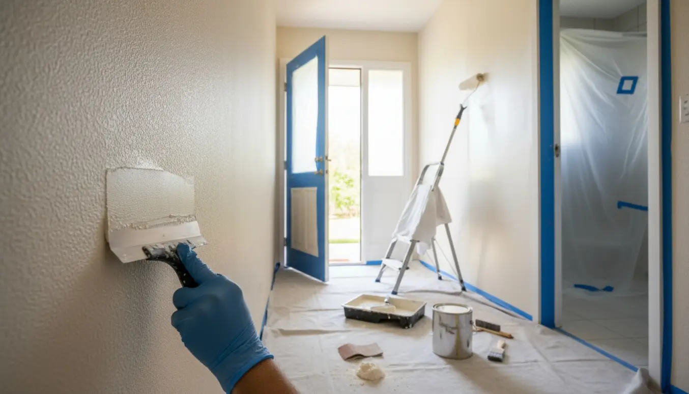 Hænder spartler og maler en gang ved yderdør med malerulle, spartel og afdækningsplast.