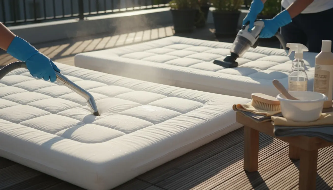 To topmadrasser på en solfyldt altan mens hænder rengør dem med en damprenser og en håndstøvsuger.