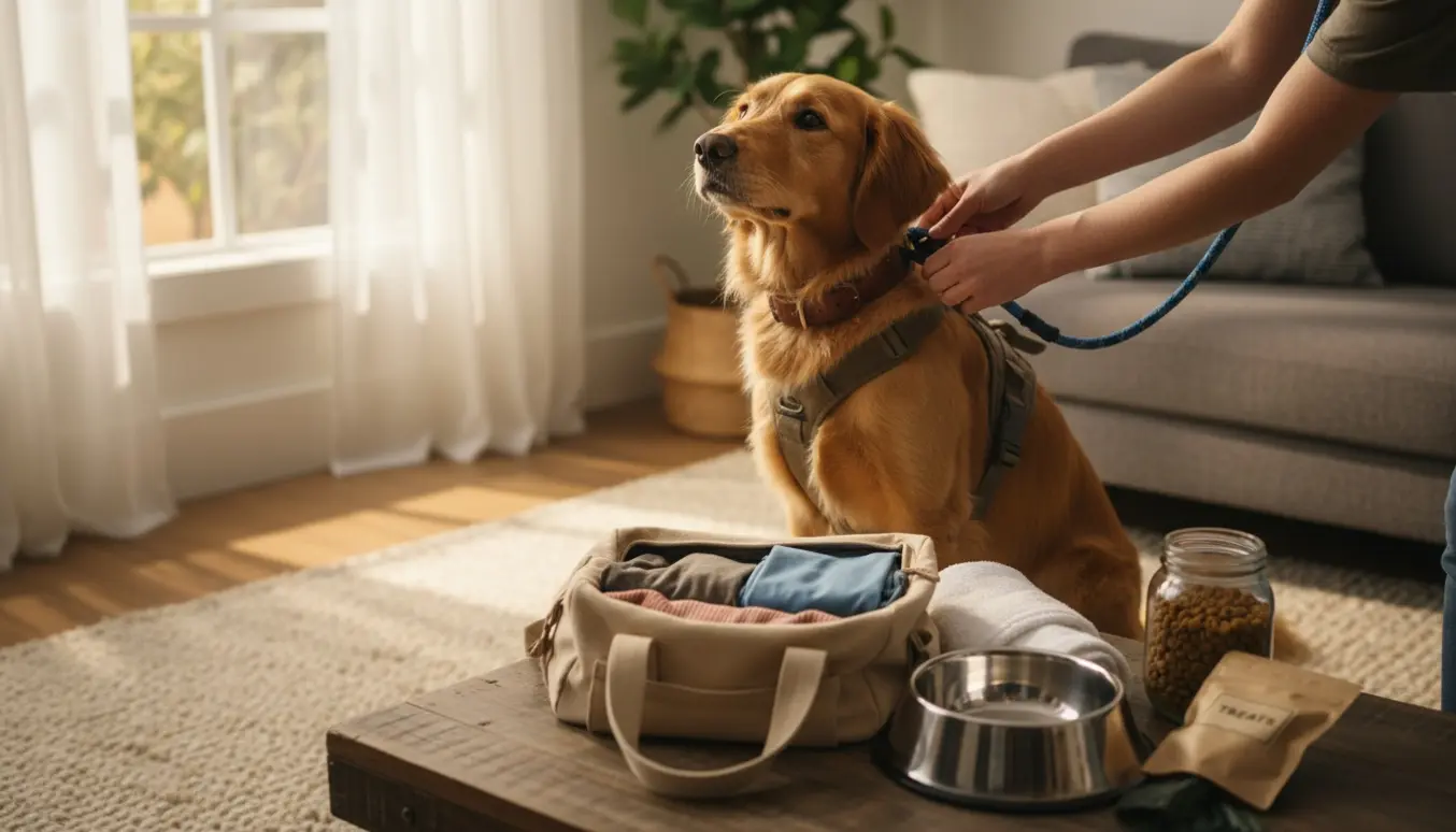 En hundepasser spænder snoren om en glad hund i et solfyldt hjem med åben rejsetaske og hundeudstyr i baggrunden.