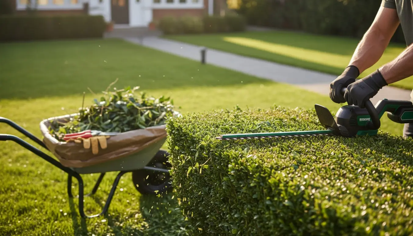 Person trimmer en tæt hæk med en elektrisk hækkeklipper, mens haveaffald samles i en trillebør.