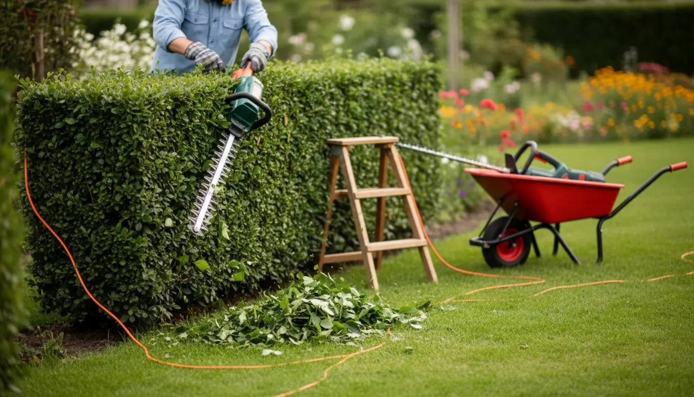 En person klipper en tæt bøgehæk med en elektrisk hækkeklipper, mens friske afklip samler sig på græsset.