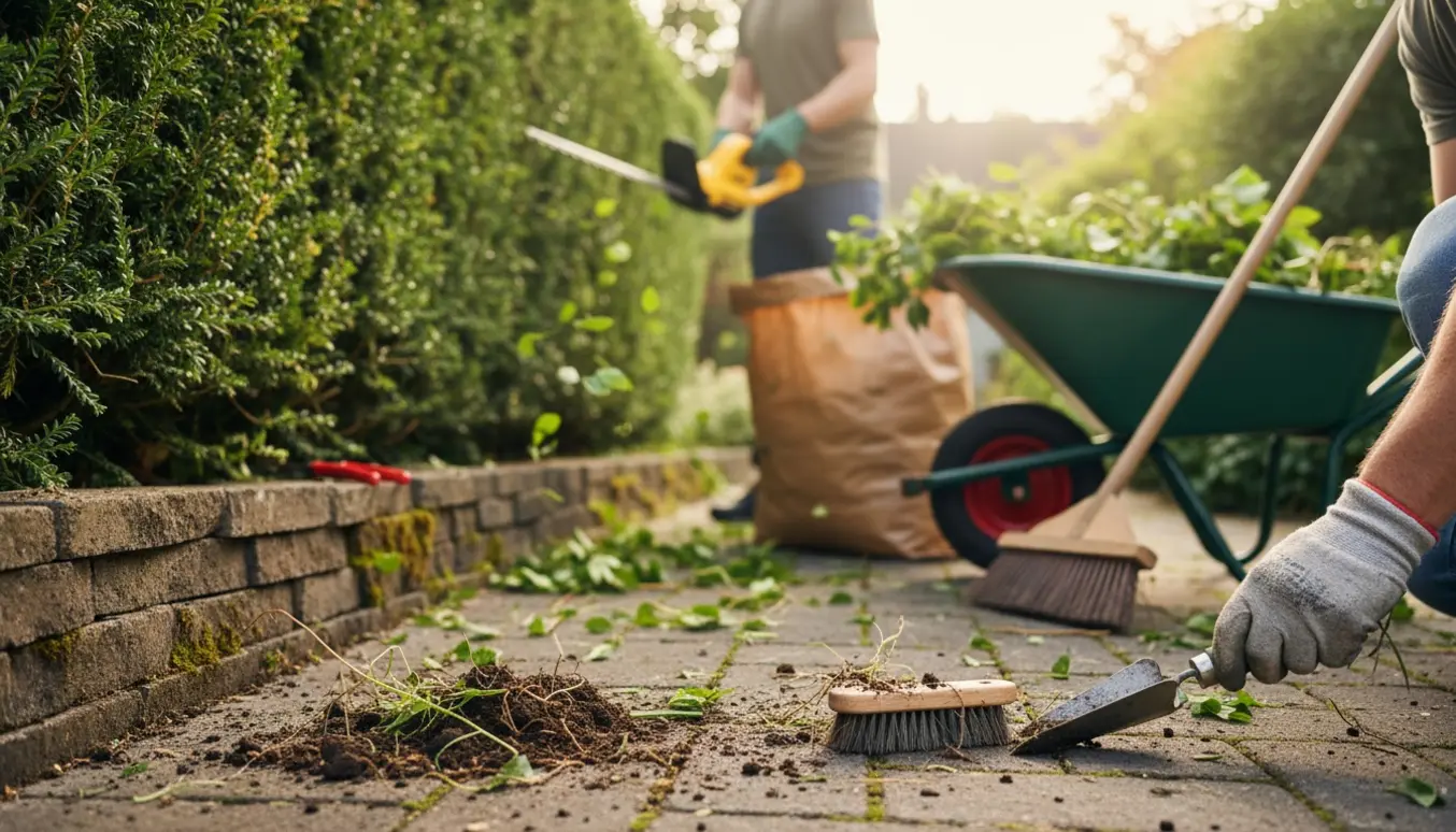 En person klipper hæk og fjerner ukrudt mellem fliser, mens hækaffald samles i en trillebør.