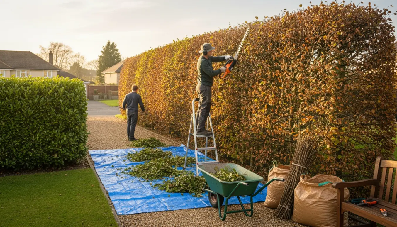 En havearbejder trimmer en lang bøgehæk med værktøj og klippeaffald samlet til bortkørsel.