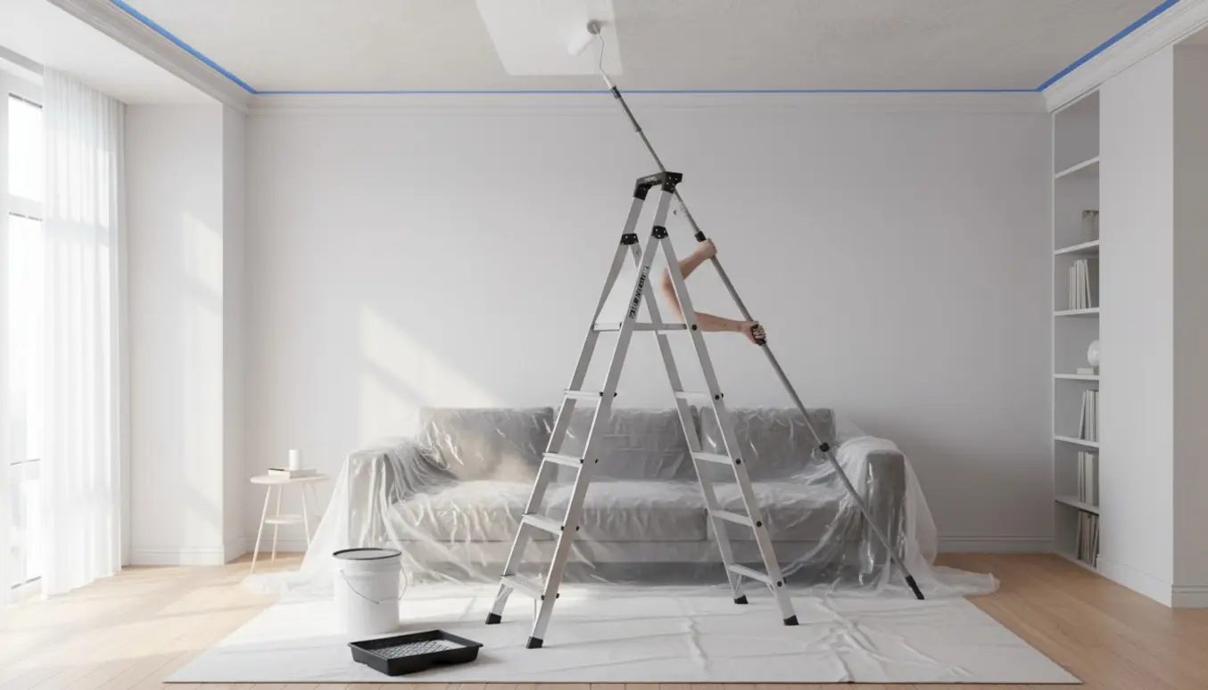 En hånd maler et loft med rulle fra en stige, møblerne er dækket af beskyttelsesplast.