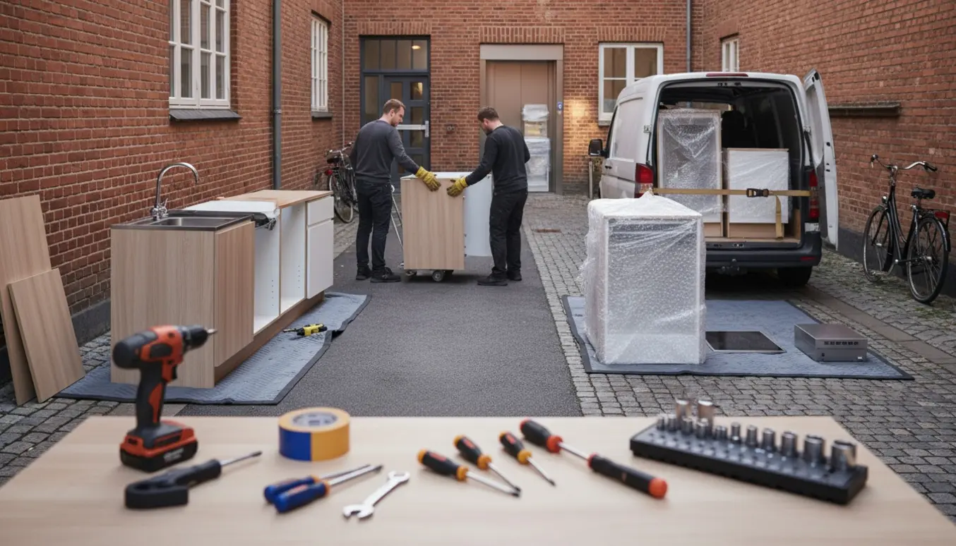 Nedtagne køkkenelementer og håndværktøj klar til flytning fra hus til lejlighed på Vesterbro.