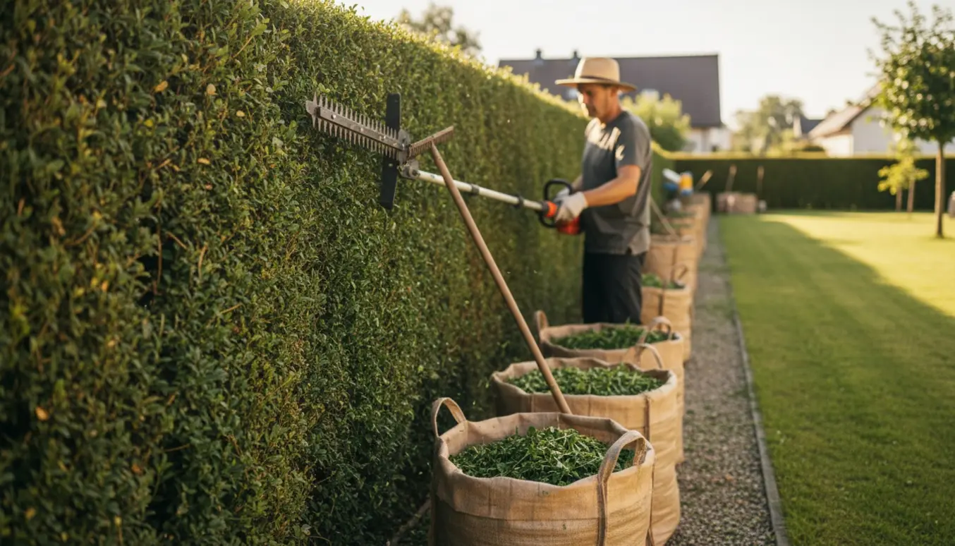 En person trimmer en lang hæk på ca. 180 cm med afklip samlet i store sække ved hækkens fod.