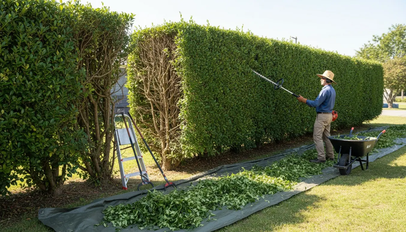 Lang, tæt hæk klippes ind og sænkes til en jævn lav højde med friske kvas på jorden.