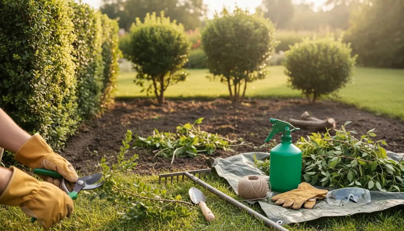 Haveredskaber og handsker beskærer buske og fjerner ukrudt foran en delvist klippet hæk.