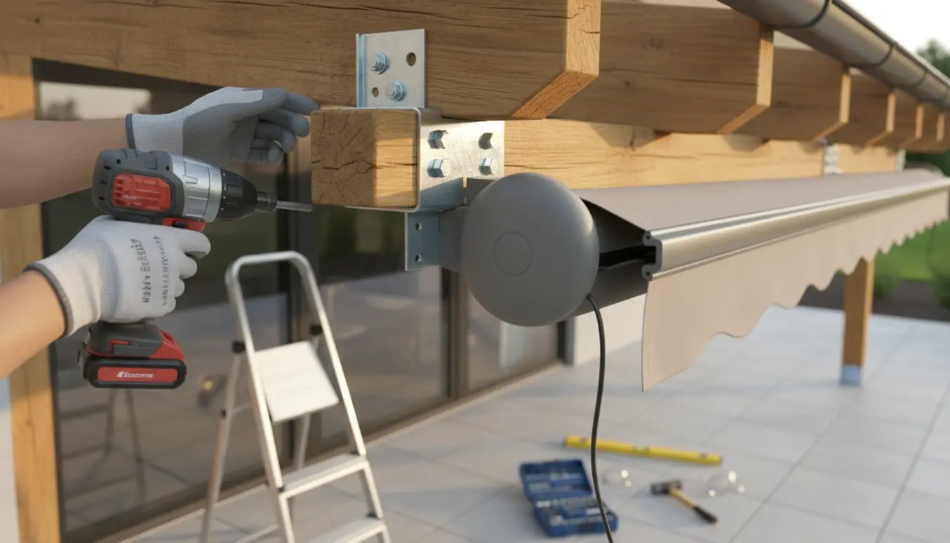 Nærbillede af opsætning af en motoriseret 4 meter markise med spærbeslag, hænder og værktøj i fokus.