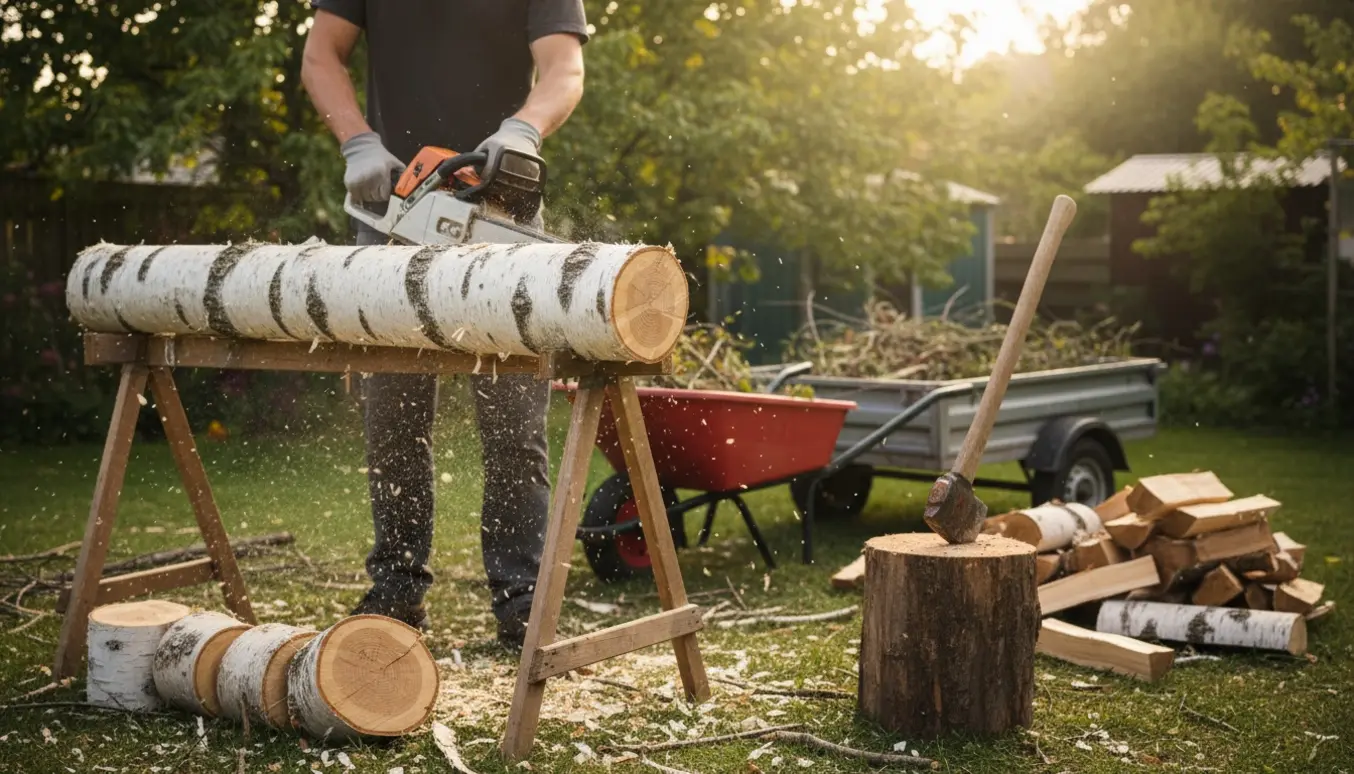 Fældet birketræ skæres i skiver i en have med kædesav, kløvemøj og en trillebør fyldt med grene klar til bortkørsel.