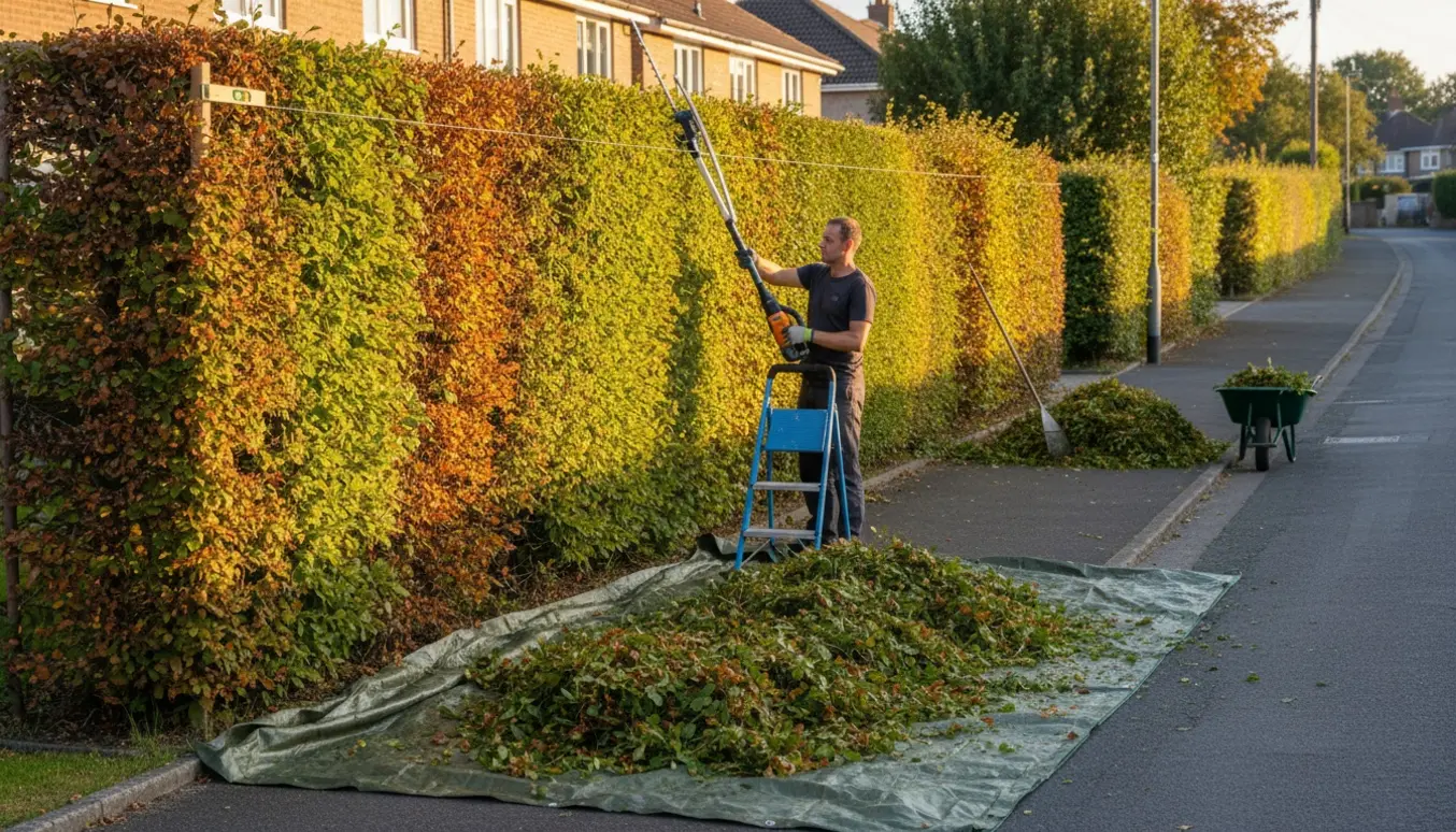 Håndværker trimmer ydersiden og toppen af en bøgehæk langs en skrånende vej med værktøj og friske afklip på afdækningsdug.