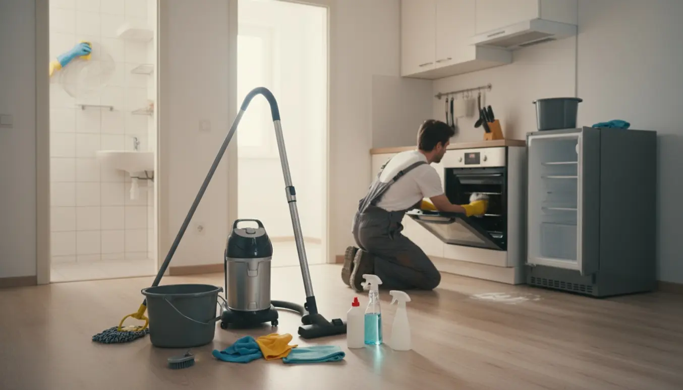 Tom 2-værelses lejlighed under flytterengøring med støvsuger, moppe, handsker og afkalkning i badeværelset.