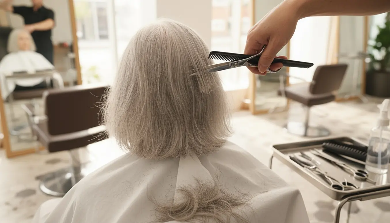 En ældre kvinde får klippet langt sølvgråt hår kort i en lys, moderne frisørsalon set bagfra.
