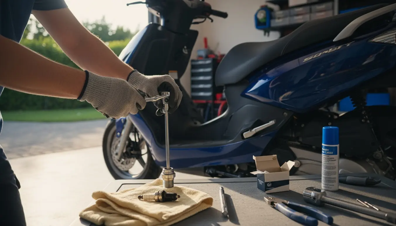 Hænder skifter tændrør på en lille scooter med sædet åben i en solbeskinnet garage.