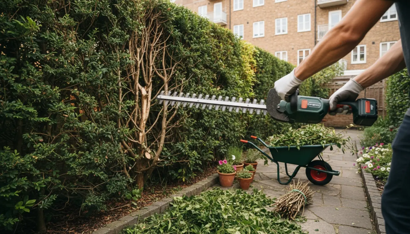 Tæt hæk klippes fra inderside og top i en lille lejlighedshave, afklip samlet i trillebør.