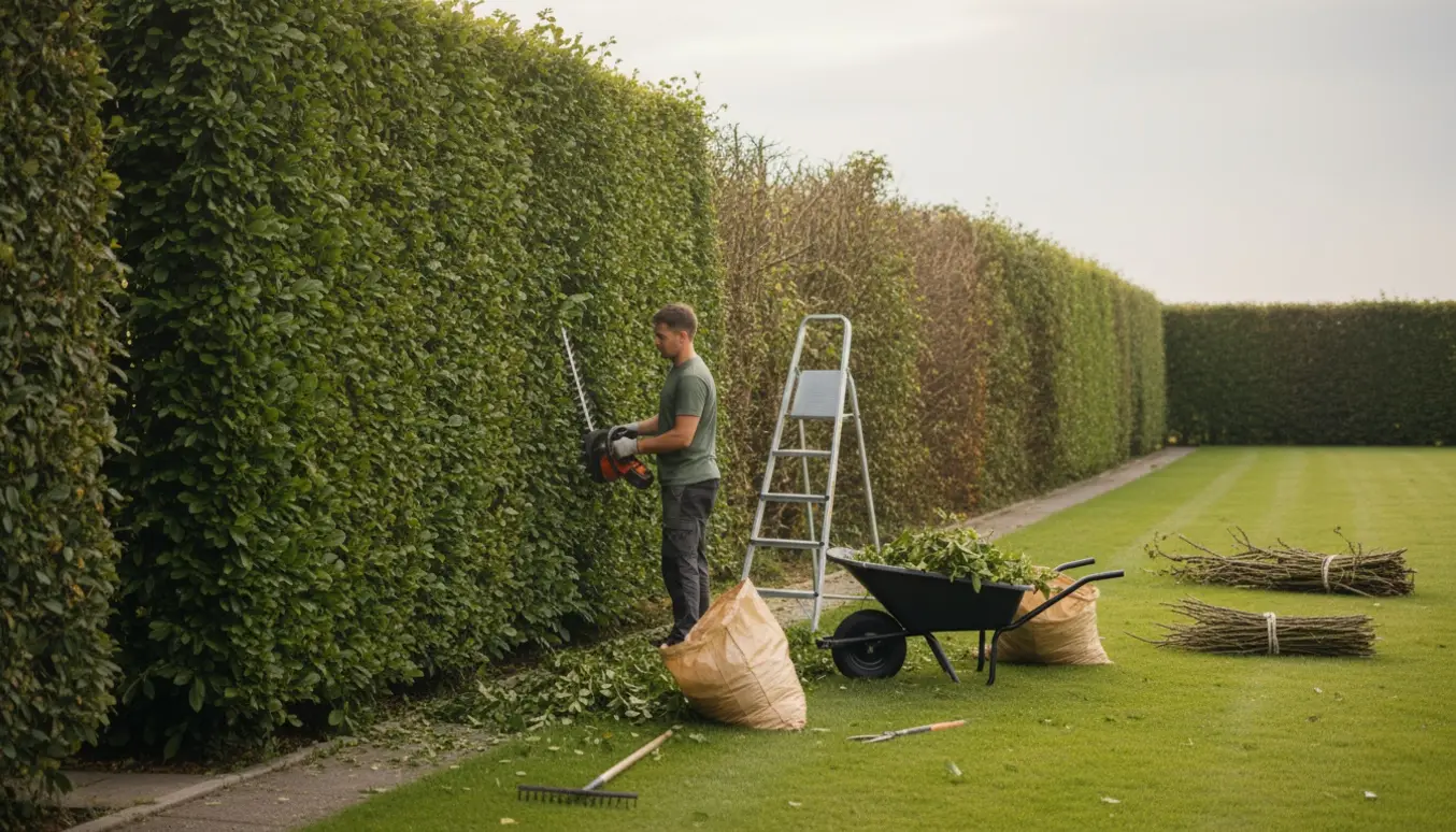 Hæk klippes i én side med trimmer, afklip samlet i skubbevogn og sække klar til bortkørsel.