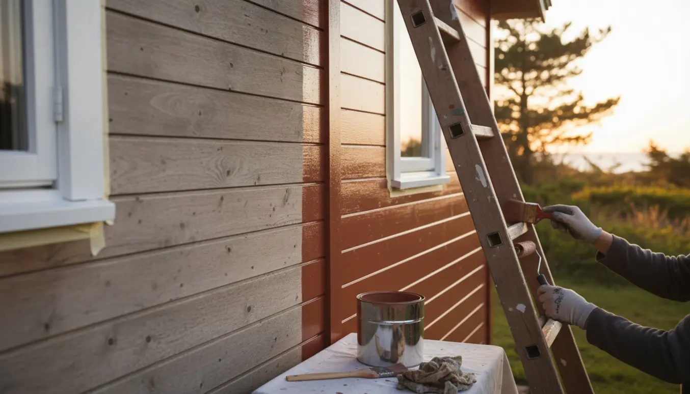 Delvist nymalet rød træfacade på et sommerhus med pensel, rulle og malerbøtte.