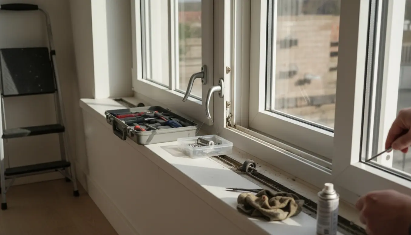 To vinduer i et lyst opholdsrum, det ene med et knækket håndtag og det andet med en ødelagt skydeskinne, med værktøj på vindueskarmen.