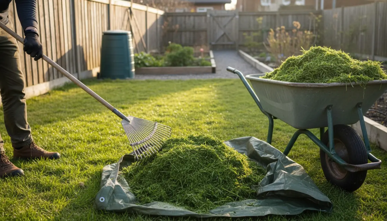 Trillebør og rive læsser nyslået græs fra en lille baghave på en solrig eftermiddag.