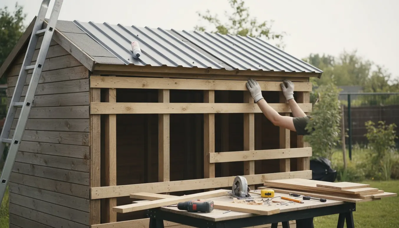 Skur ved renovering med lægter under udskiftning, værktøj og delvist monterede trapezplader på taget.