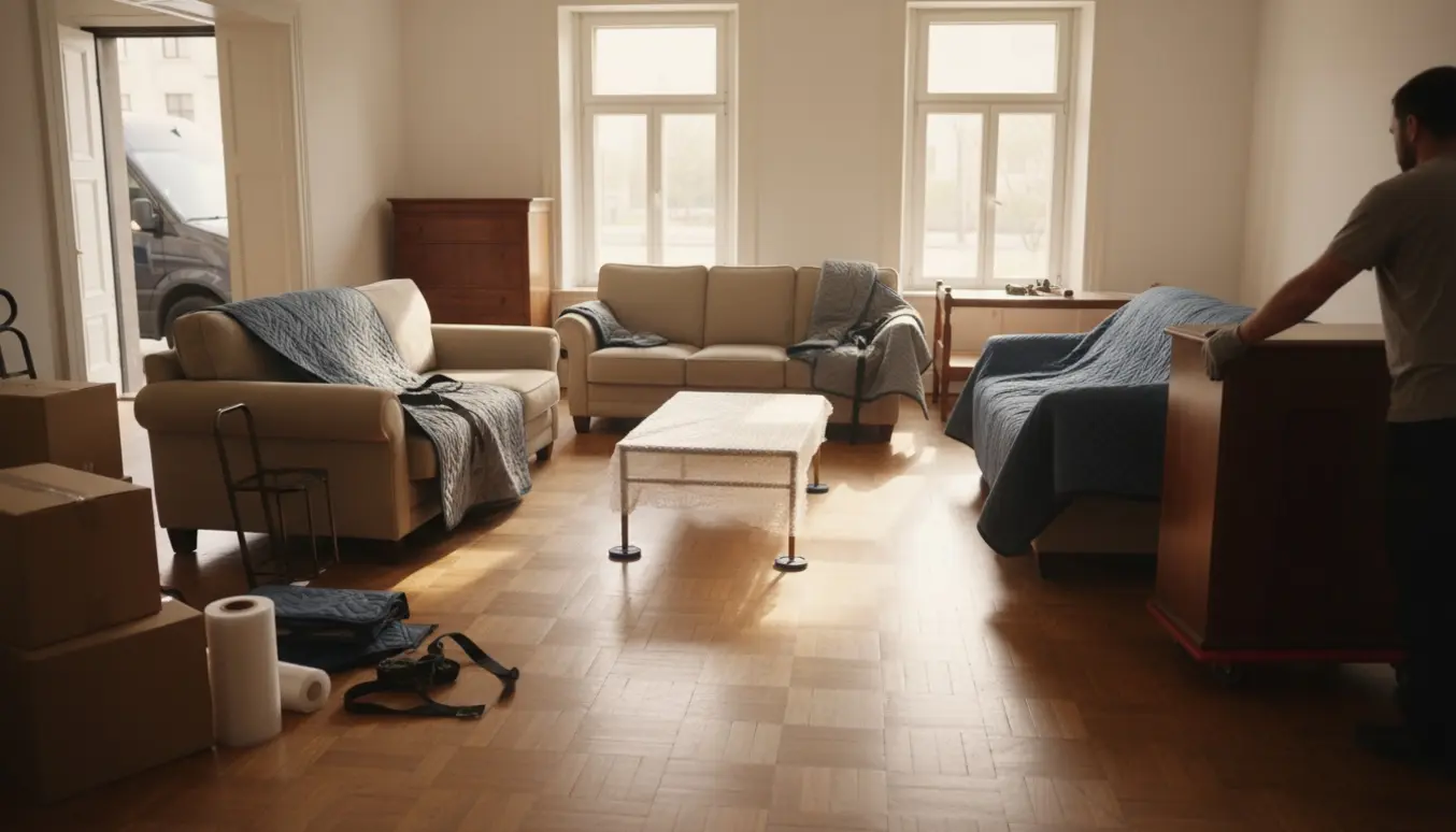 Flyttefolk bærer sofa, seng og kommode ud af et solbeskinnet hjem klar til transport fra et dødsbo.