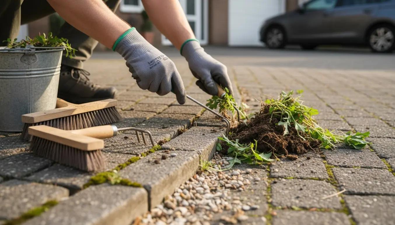 Nærbillede af hænder i handsker, der fjerner ukrudt mellem fliserne foran et hus og ved en parkeringsplads.