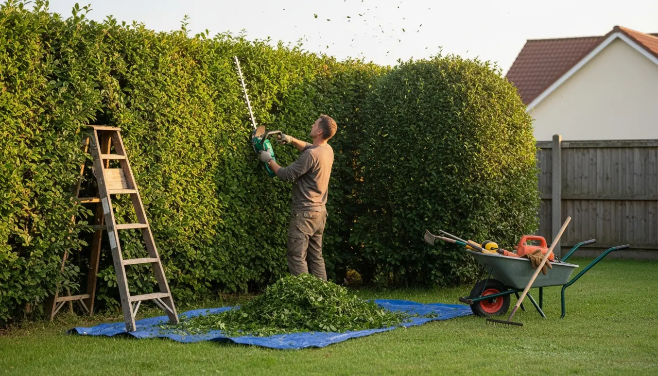 En gartner trimmer en høj bøgehæk og former en ligusterhæk ved en hjørnegrund.