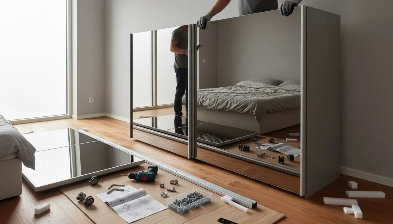 Delvist samlet 2,5 m skydedørsskab med spejlfront, værktøj og hænder i arbejde i et lyst skandinavisk rum.