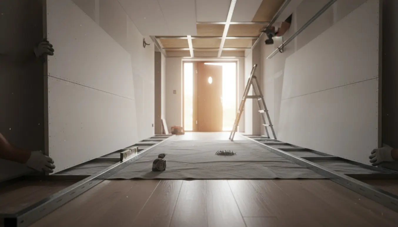 Nærbillede af installation af nedhængt loft i en entré med gipsplader, stålprofiler og værktøj.