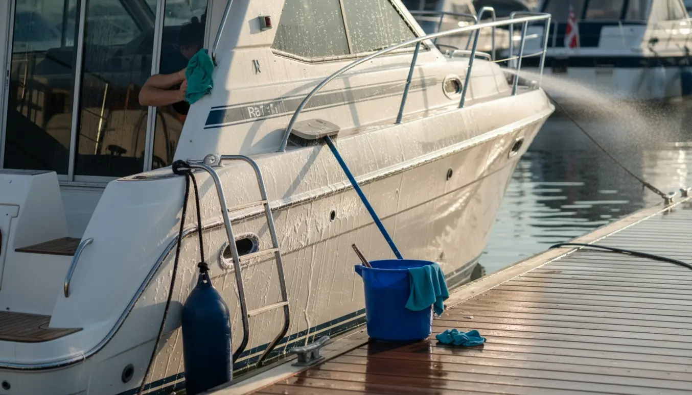 En person vasker ydersiden af en hvid motorbåd ved en træbro med børste, slange og spand, hvor den rengjorte side skinner.