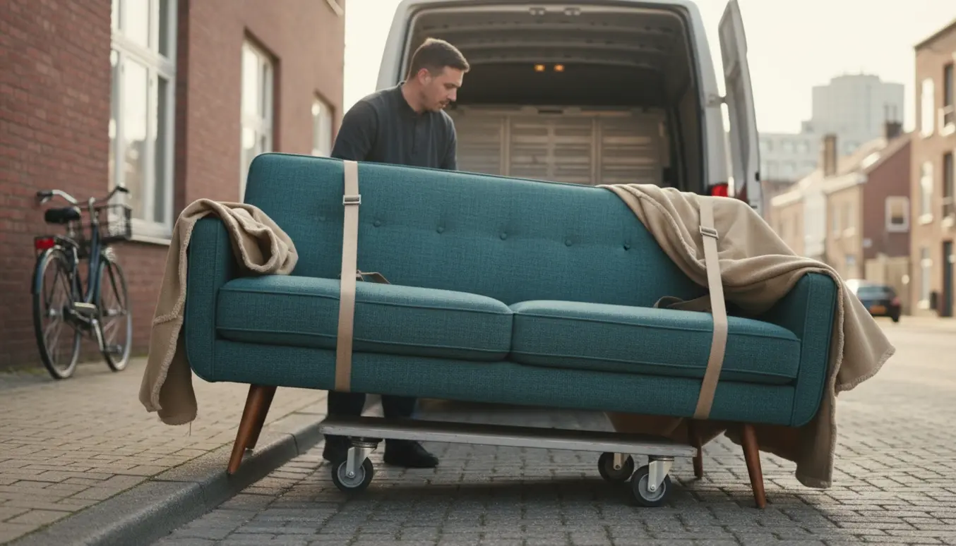 Sofa læsses ind i en varevogn ved kantstenen, klar til flytning mellem Roskilde og København.